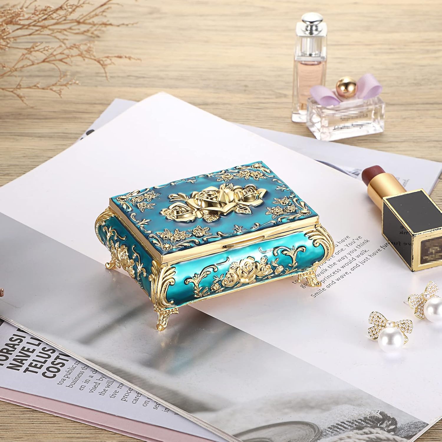 Hipiwe Vintage Metal Jewelry Box Small Treasure Chest Case Trinket Organizer Earrings Necklace Bracelet Storage Box Ring Box Holder Keepsake Box for Women - Image 2