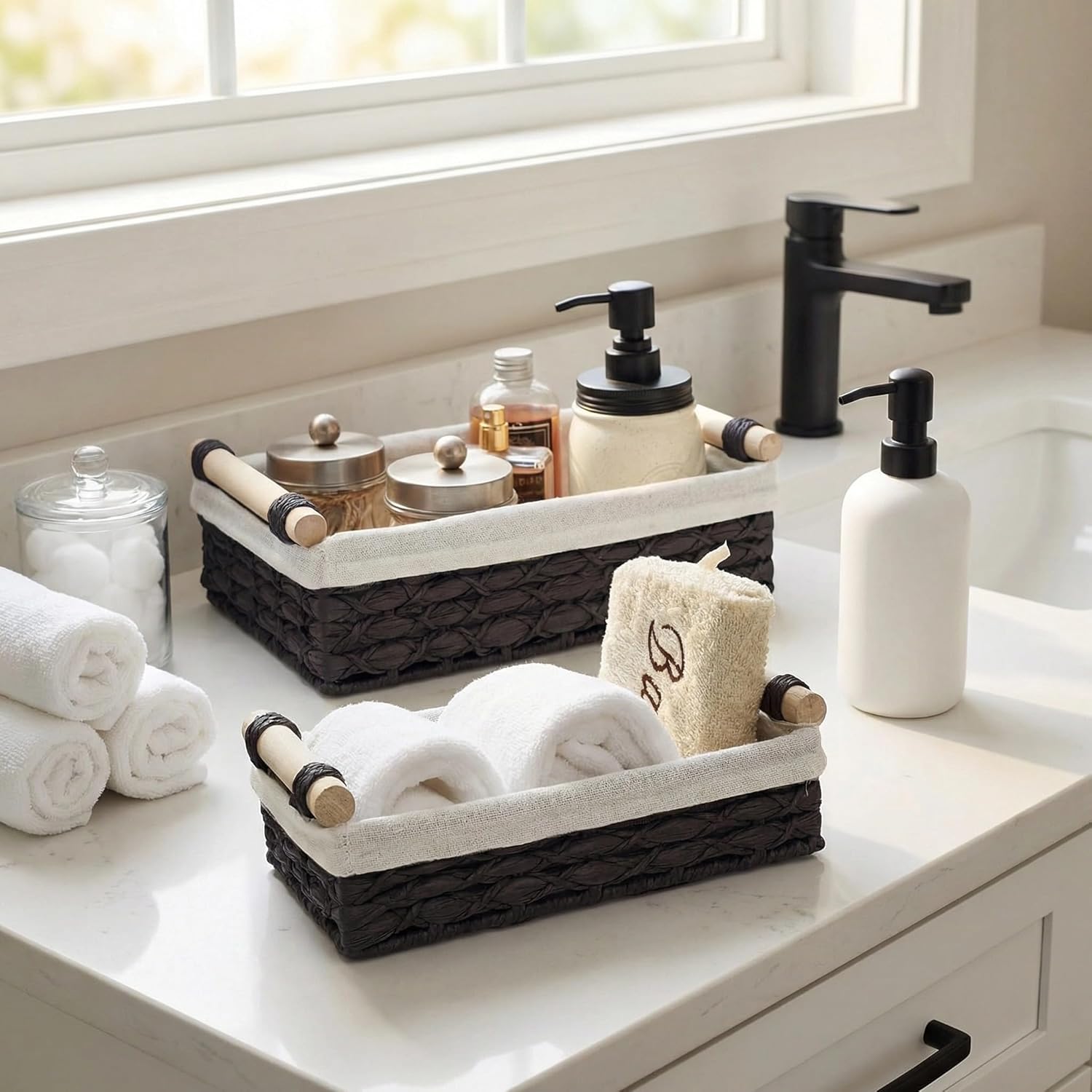 Set of 2 Black Bathroom Basket Organizers with Liner, Paper Rope Wicker Storage Baskets for Shelves, Bathroom Counter & Vanity, Wooden Handles for Towels & Toiletries