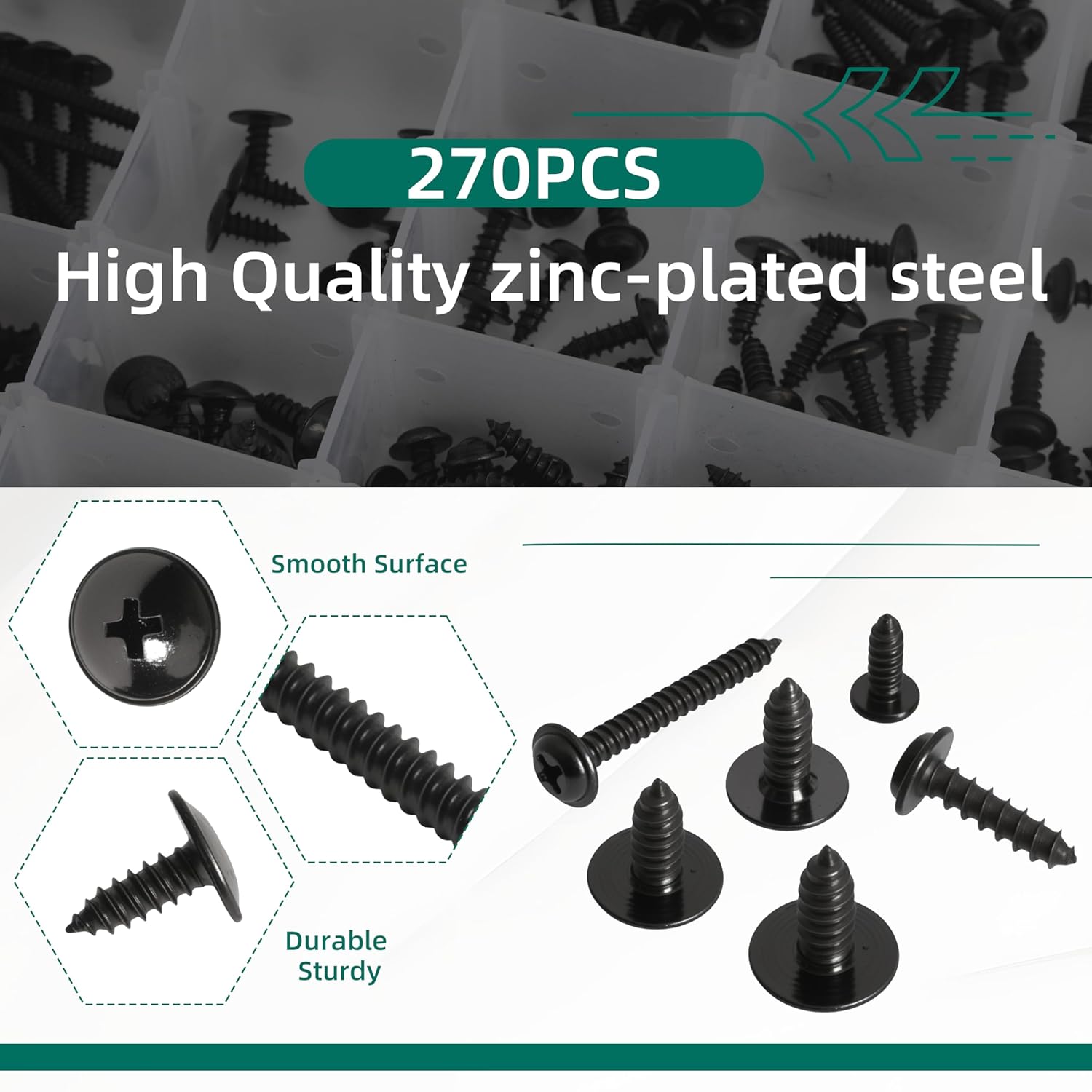 270pcs Phillips Head Self Tapping Screw Assortment Kit Automotive Body Screw for Auto Body Repair & DIY Projects #8, #10, #12, #14, Zinc-Plated Steel