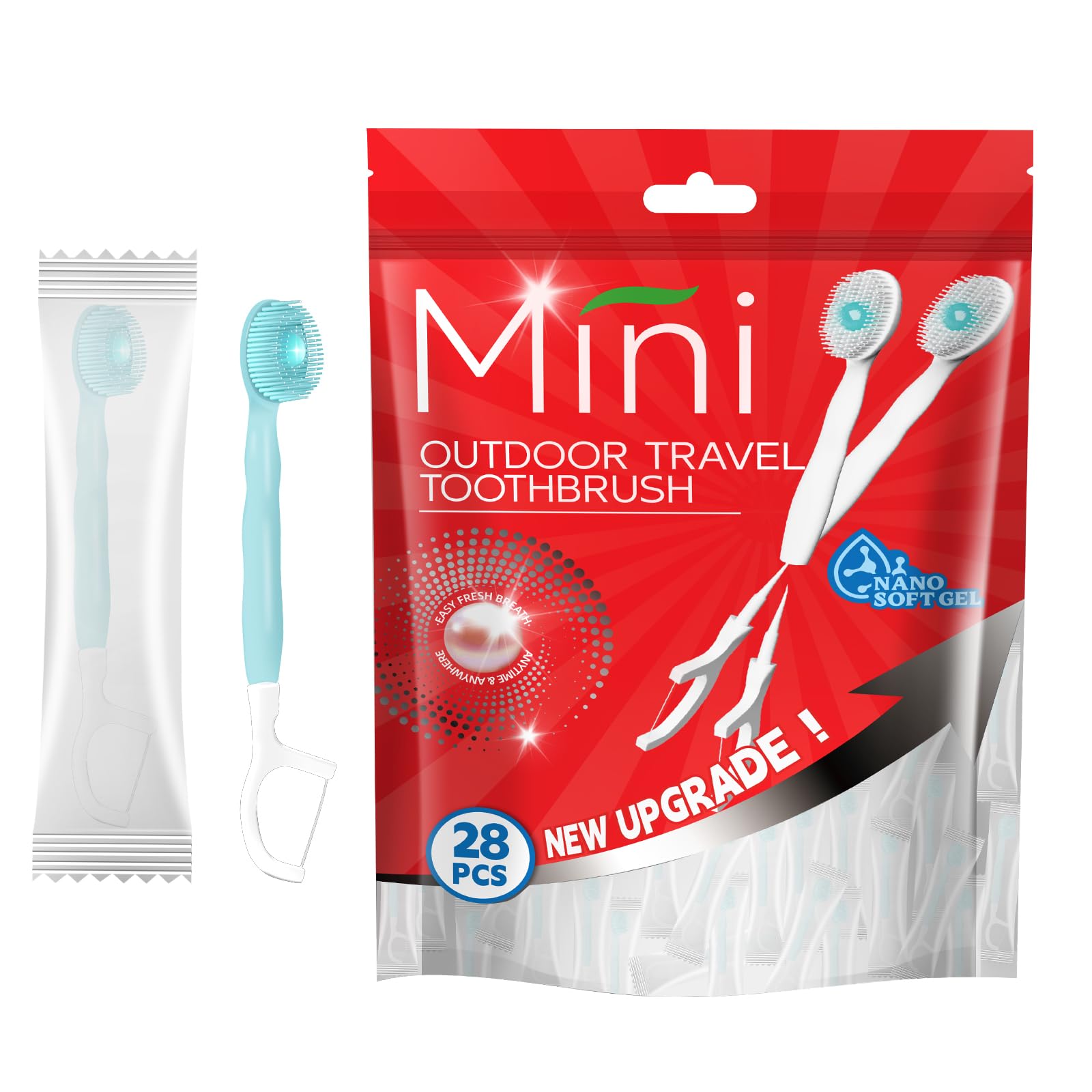 Mini 5-in-1 トラベル歯ブラシセット, 舌クリーナー付き, 28本パック (ミント味)