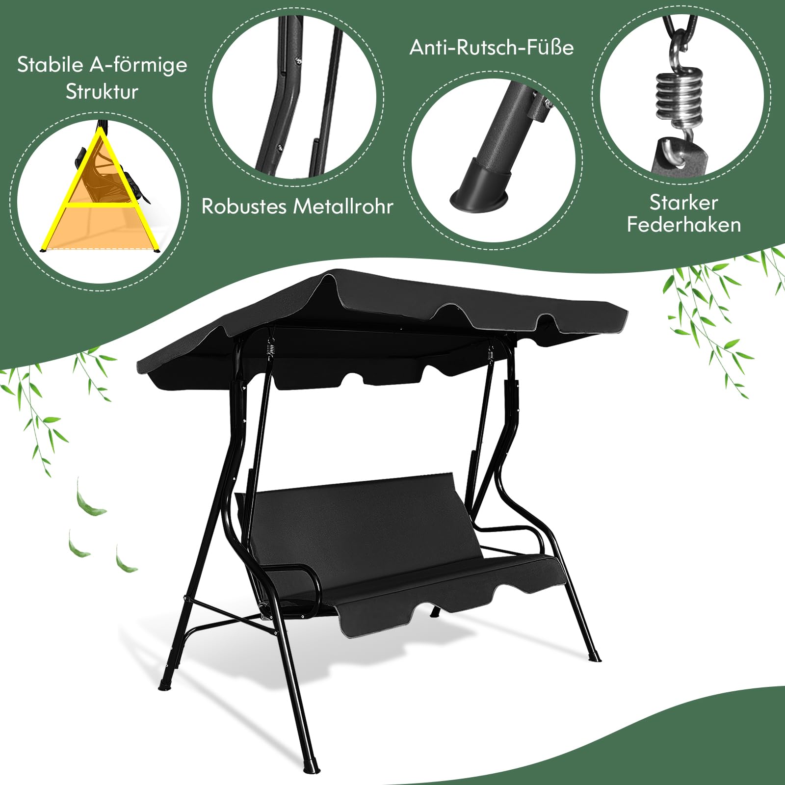 COSTWAY 3-Sitzer Hollywoodschaukel, Gartenschaukel mit verstellbarem Dach, Schaukelbank für Garten, Terrasse & Hinterhof, 172 x 110 x 154 cm (Schwarz)