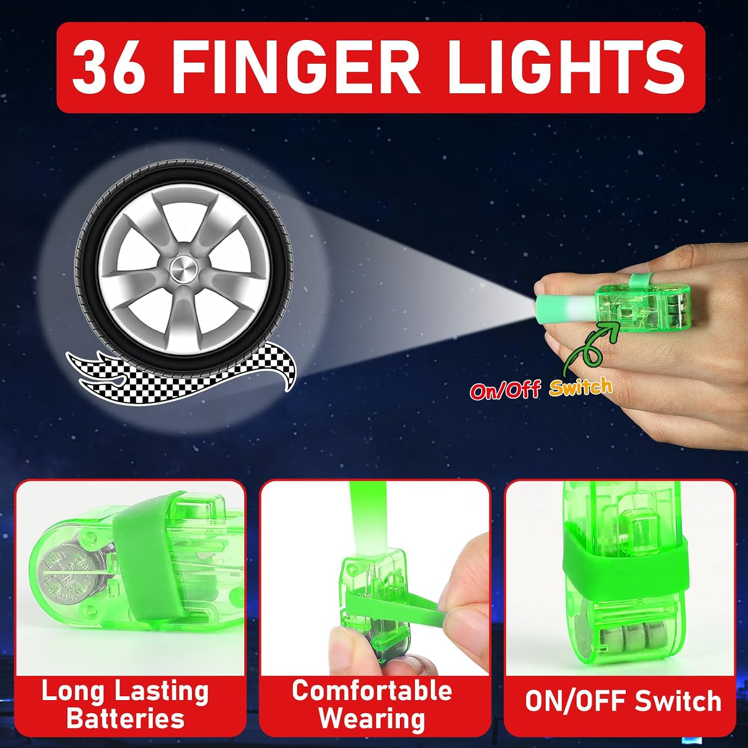 36Pcs Wheel Tire LED Finger Lights Racing Car Theme Glow in the Dark Party Favors Race Car Birthday Light up Finger Lights Bulk for Birthday Gifts Classroom Prizes Racing Party Favor Supplies image 3