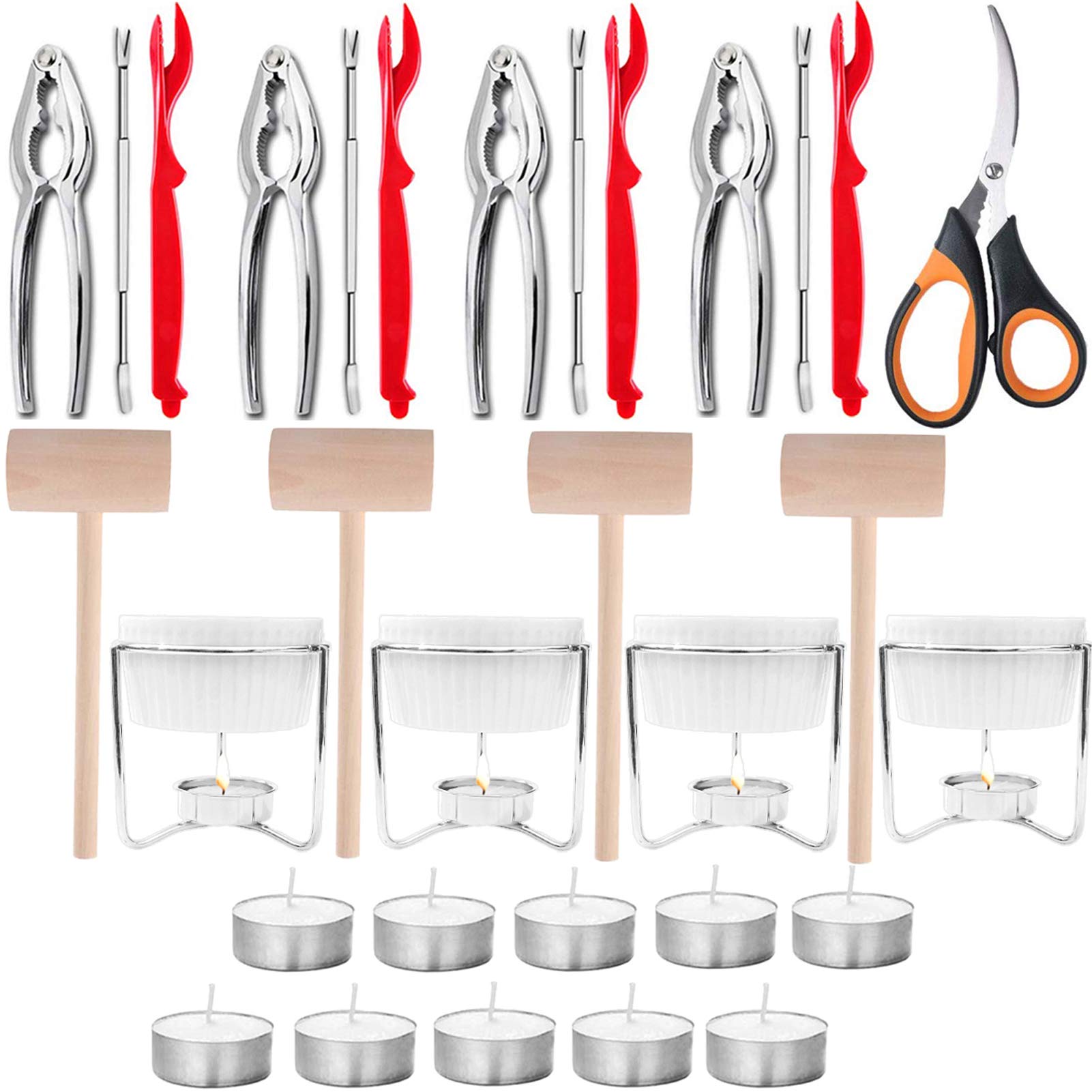 Artcome 31 Pcs Seafood Tools Set includes 4 Crab Forks, 4 Lobster Crab Crackers, 4 Lobster Shellers, 4 Butter Warmers, 4 Lobster Crab Mallets, 1 Seafood Scissor and 10 Tealight Candles