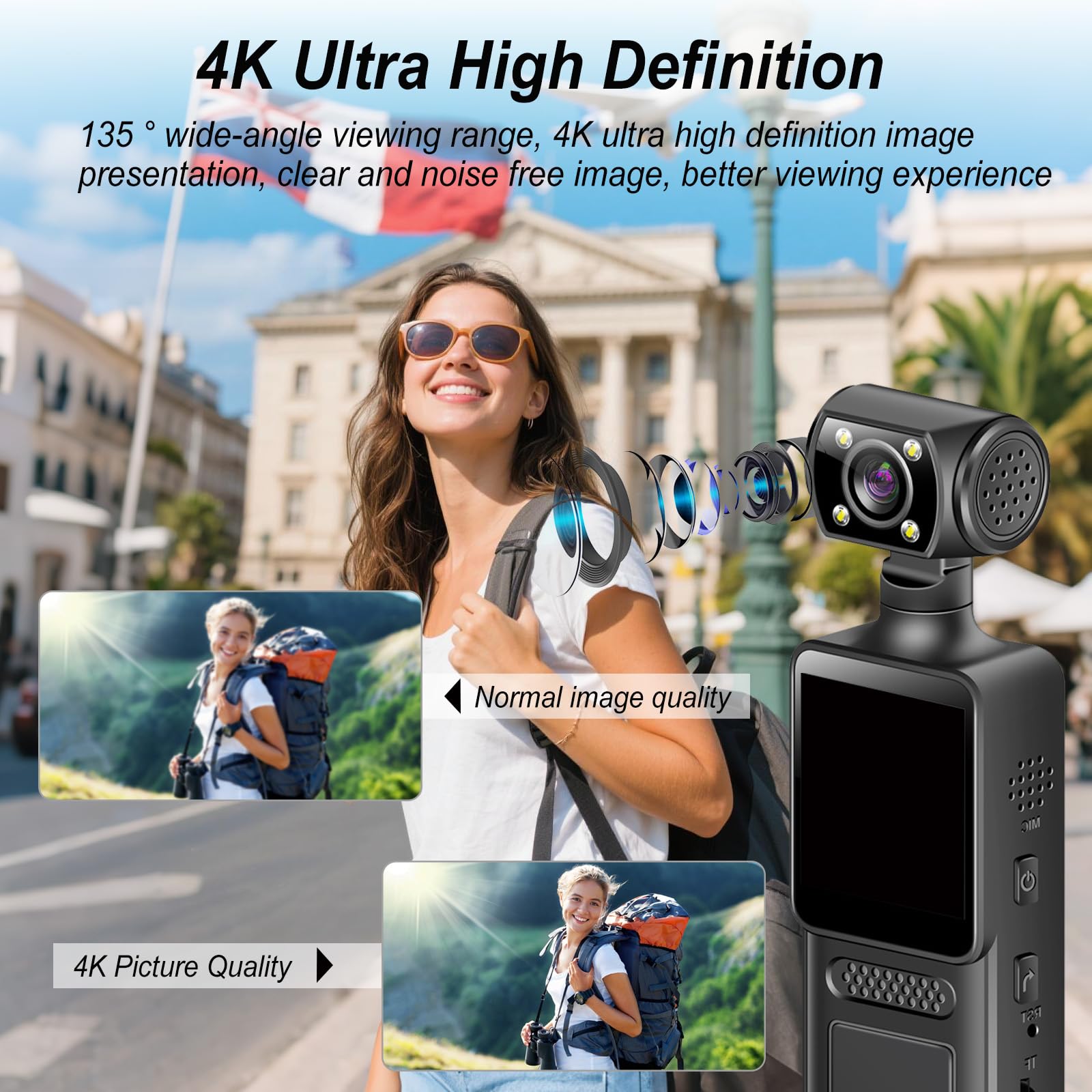 Cámara Corporal 4K 64GB con Lente Giratoria 180° para Deporte Bicicleta Viajes