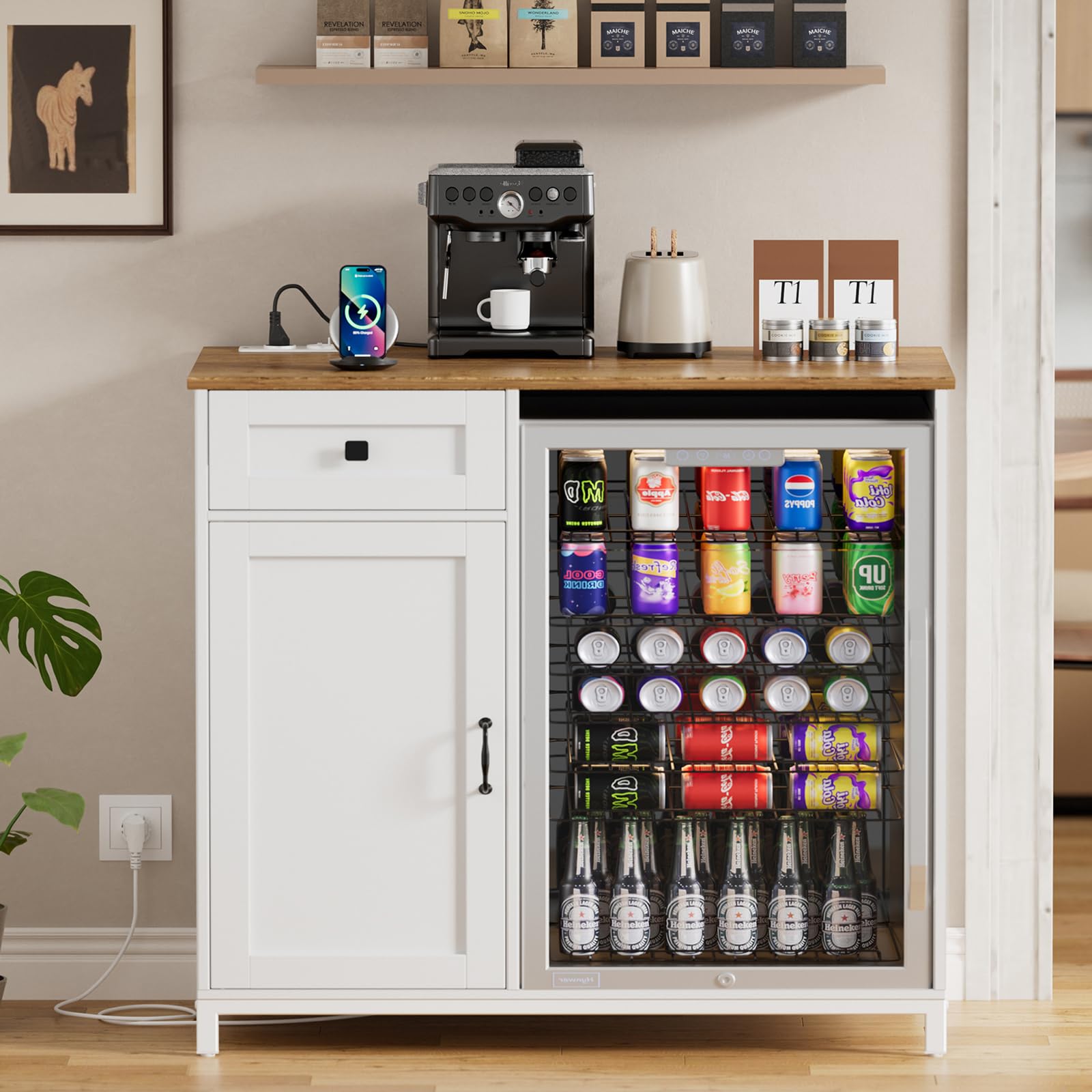 MSFE 2en1 Buffet Cuisine avec Multiprises, Support pour Mini Frigo avec Meuble de Rangement, Meuble Cuisine avec Tiroir et Portes pour Salle à Manger Salon Dortoir Bureau 95x53.6x99 cm, Blanc