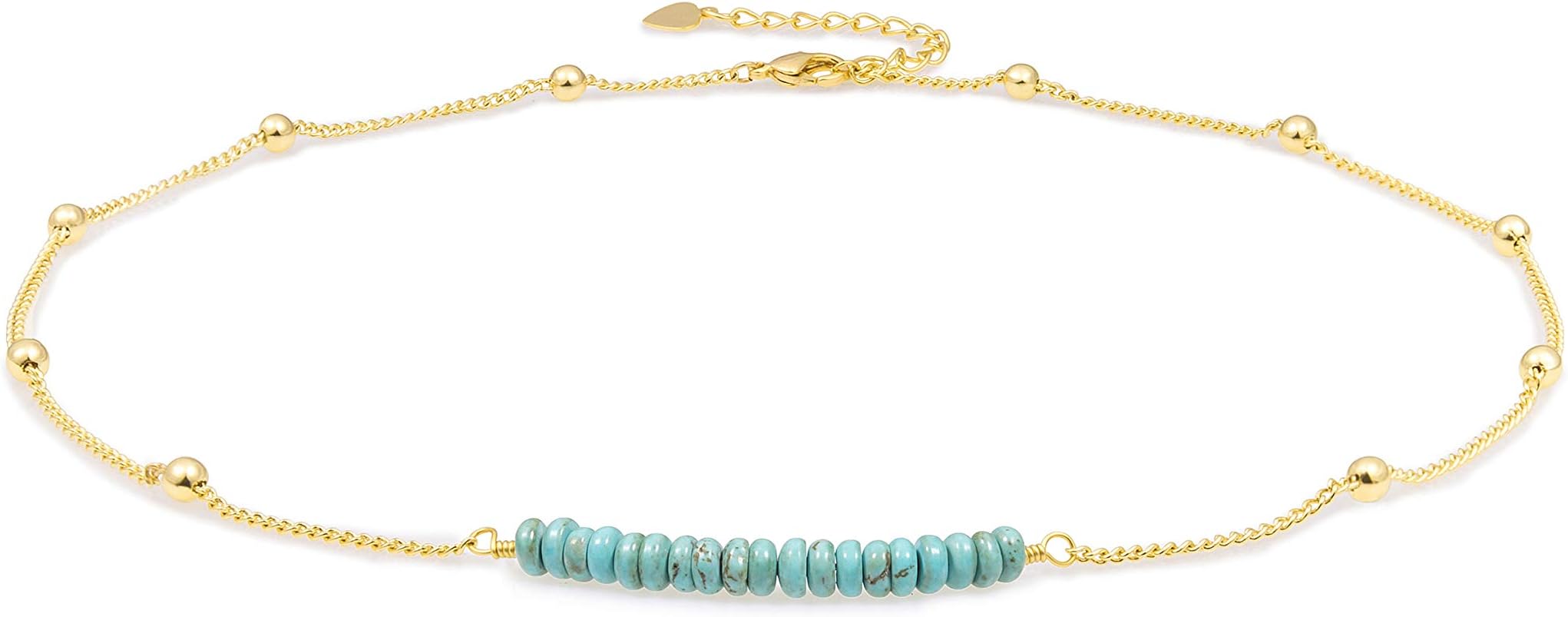 18K Gold Plated Satellite Beaded Curb Ball Chain Choker Synthetic Turquoise Garnet Beads Bar Necklace Handmade Pendant Jewelry Adjustable for Women 16”+ 2”