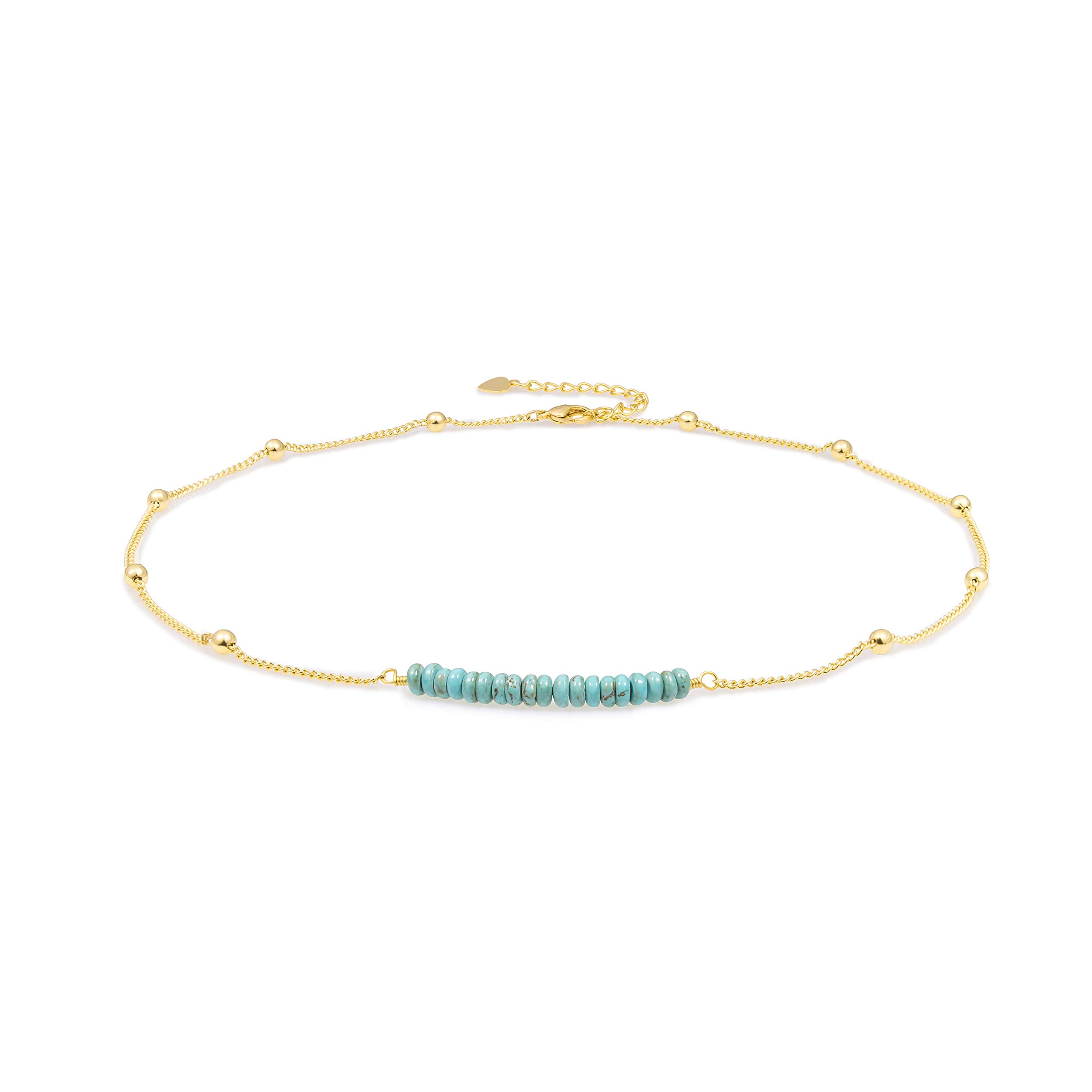18K Gold Plated Satellite Beaded Curb Ball Chain Choker Synthetic Turquoise Garnet Beads Bar Necklace Handmade Pendant Jewelry Adjustable for Women 16”+ 2”