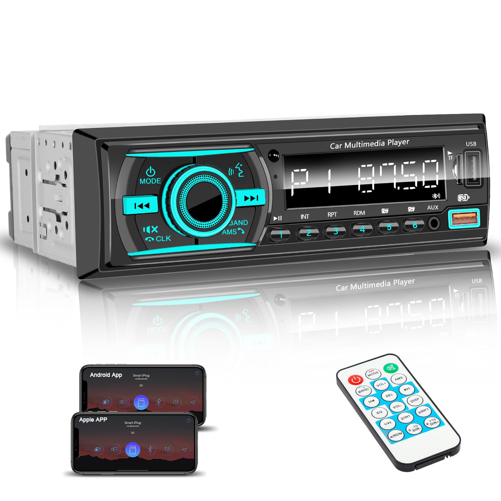 Single DIN Marine Radio Bluetooth Car Stereo, Boat Stereo Receiver Marine Head Unit with iOS/Android,Built-in Mic, Digital LCD, RCA, MP3, FM, EQ, Aux-in, USB, TF Card & APP Remote-image-23