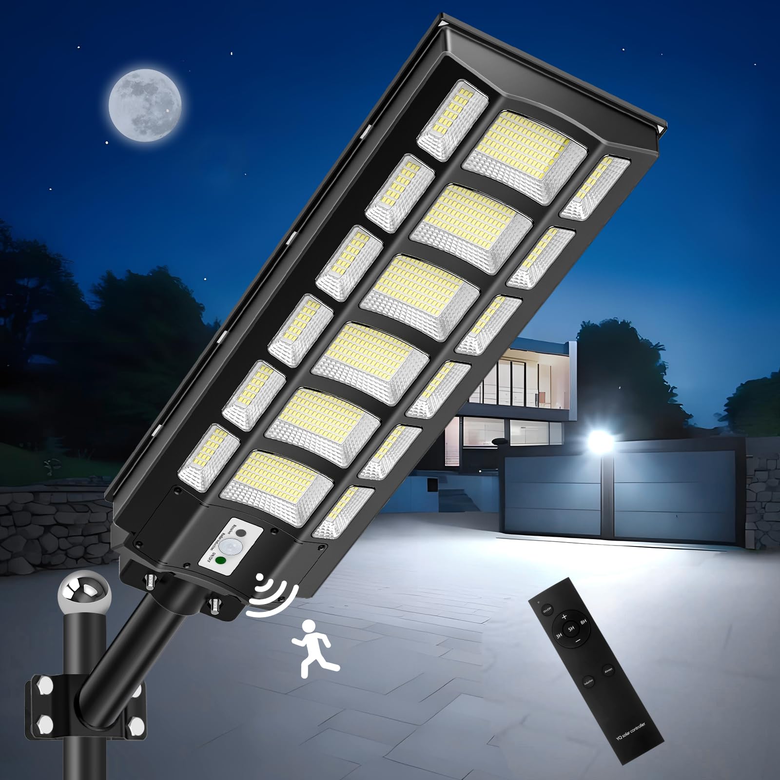 LED Réverbères Solaire Exterieur 1200W 6500K IP67 Etanche avec Télécommande Détecteur de Mouvement