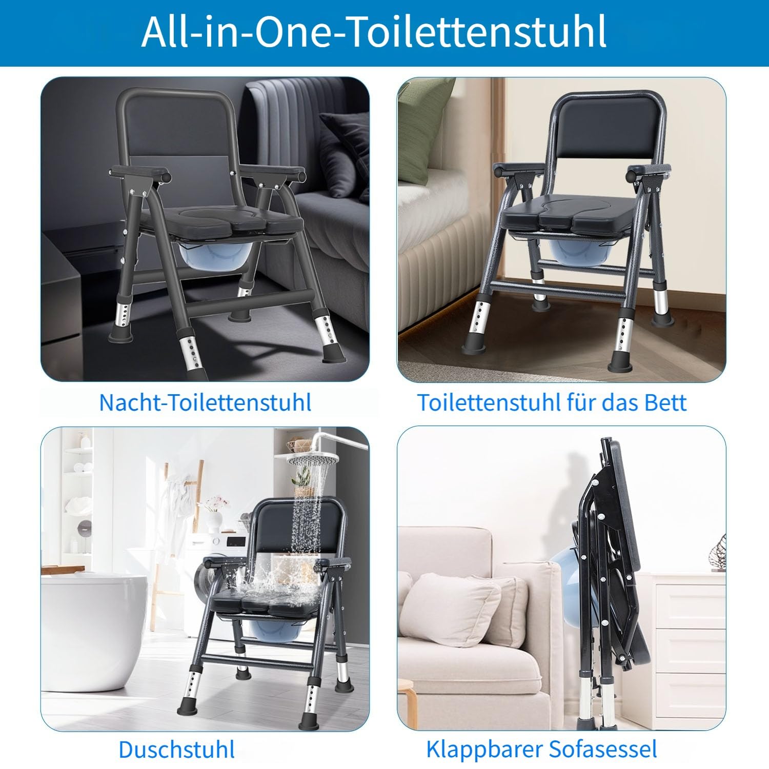 Toilettenstuhl Für Senioren, Höhenverstellbar 42-52cm 5-Stufen Klappbarer WC-Stuhl für Senioren, Toilettenstuhl mit Armlehnen 200kg Belastbarkeit, Bett Toilettenstuhl für Ältere Menschen