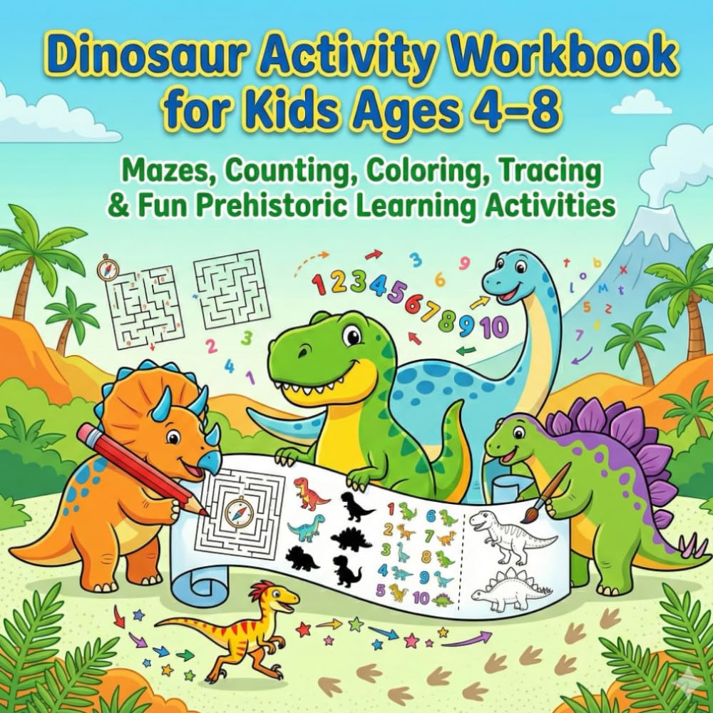 Dinosaur Activity Workbook for Kids Ages 4–8: Mazes, Matching, Counting, Tracing & Fun Learning Activities with Cute Dinosaurs