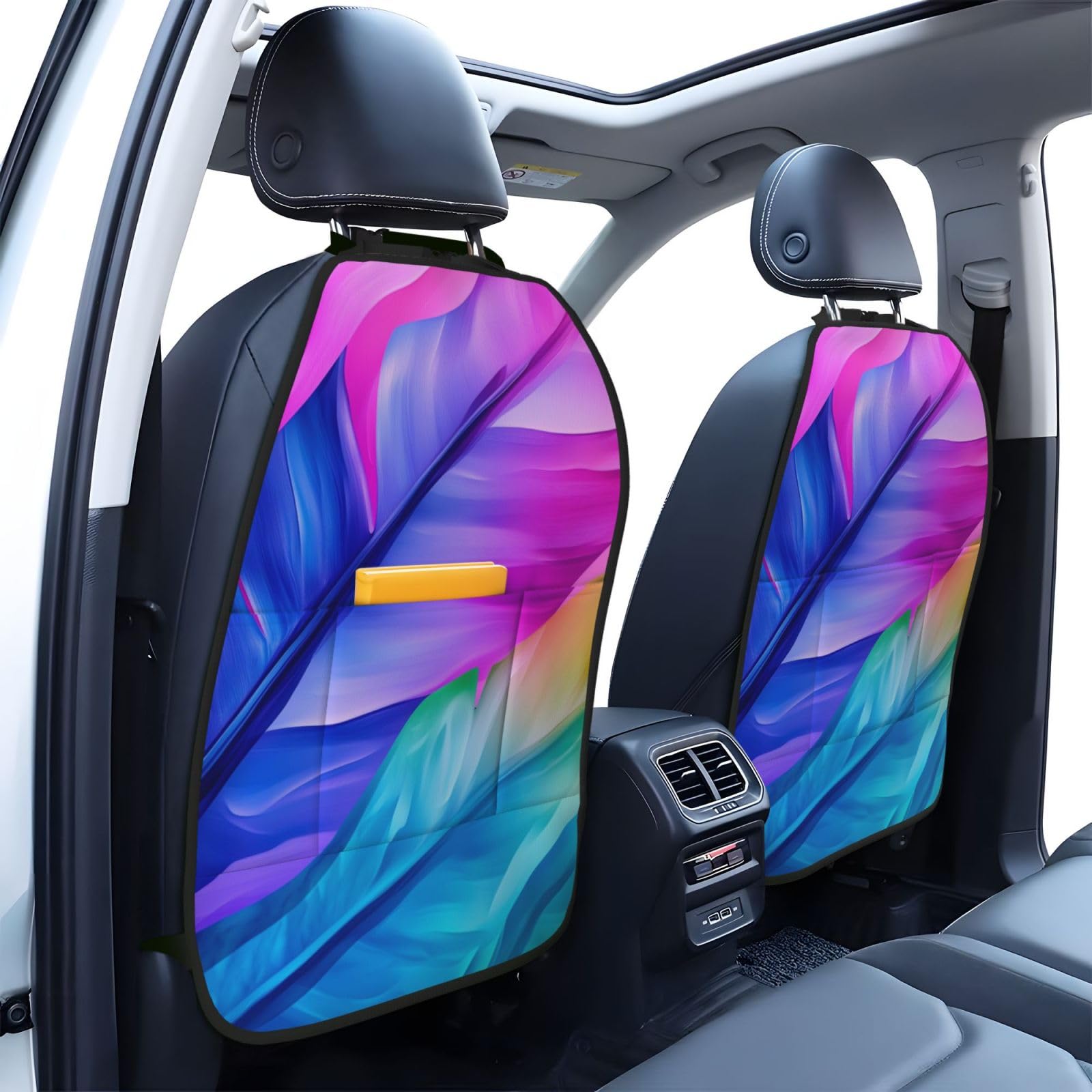 Colorful Feather Car Seat Back Kick Protectors,2 Pack Kick Mats with Storage Pockets for Vehicles to Protect from Dirt Mud Scratches