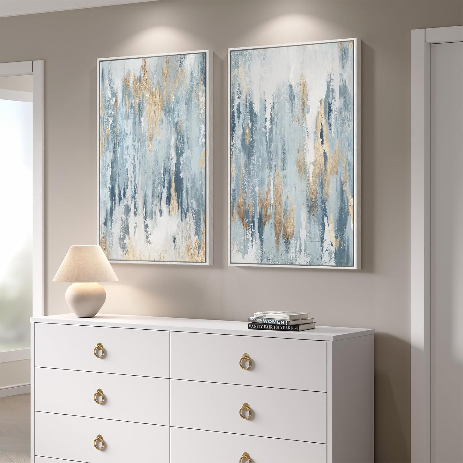 Large Framed Neutral Abstract Wall Art for Living Room, Set of 2 Bright Modern Canvas Prints Paintings Artwork for Walls, Colorful Abstract Pictures for Hallway Stair Bedroom Office Wall Decor 24x36 In