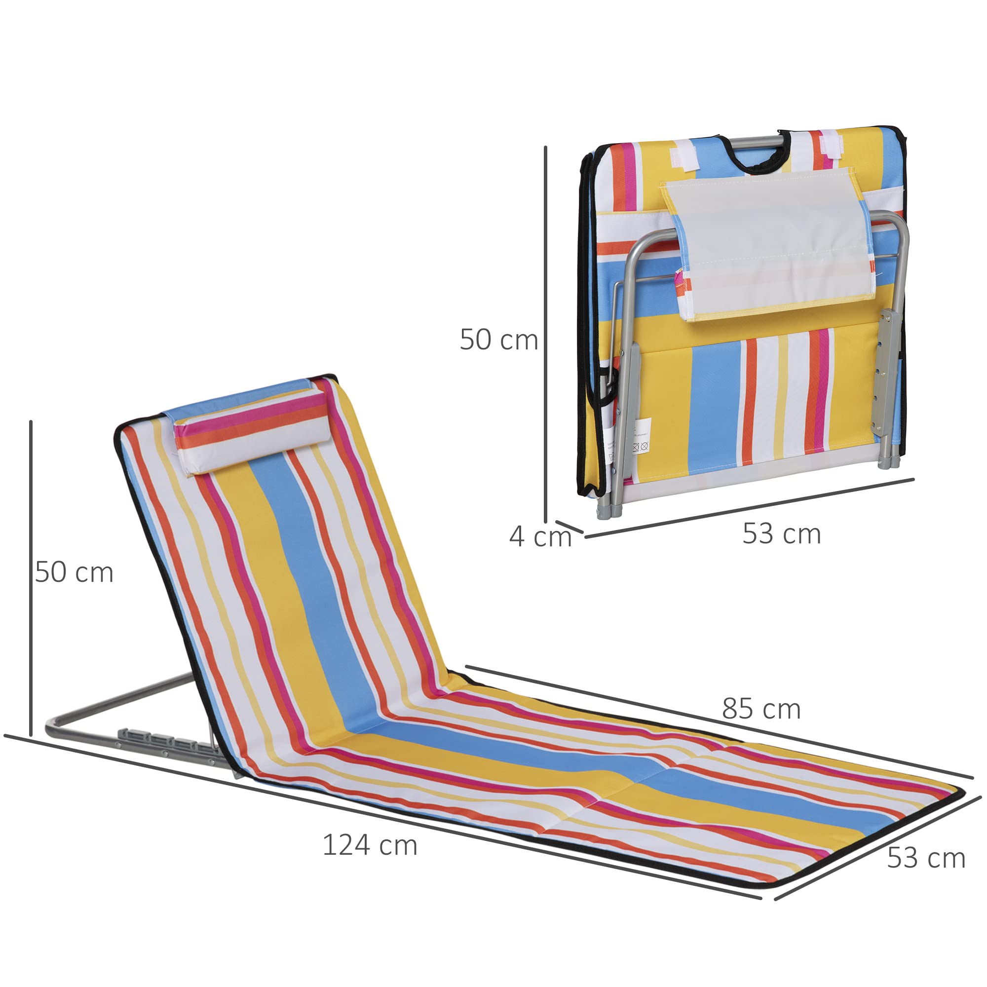 Outsunny Set de 2 Esterillas de Playa Plegables 124x53x45 cm con Respaldo Ajustable y Reposacabezas Esteras de Playa Portátil de Tela Oxford Acero con Bolsa de Transporte para Balcón Jardín Multicolor
