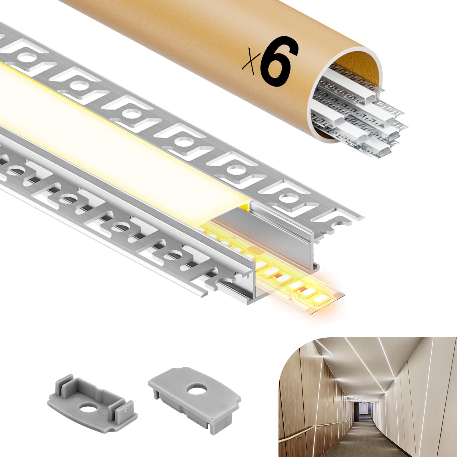 Profilo Alluminio per Strisce LED, 6× Profilo LED Cartongesso 2M (12m), Canalina LED con Diffusore, Dimensioni 64.2 x 13.8mm, Compatibile con Strisce LED fino a 20mm (6 * 2M(Totale 12M))