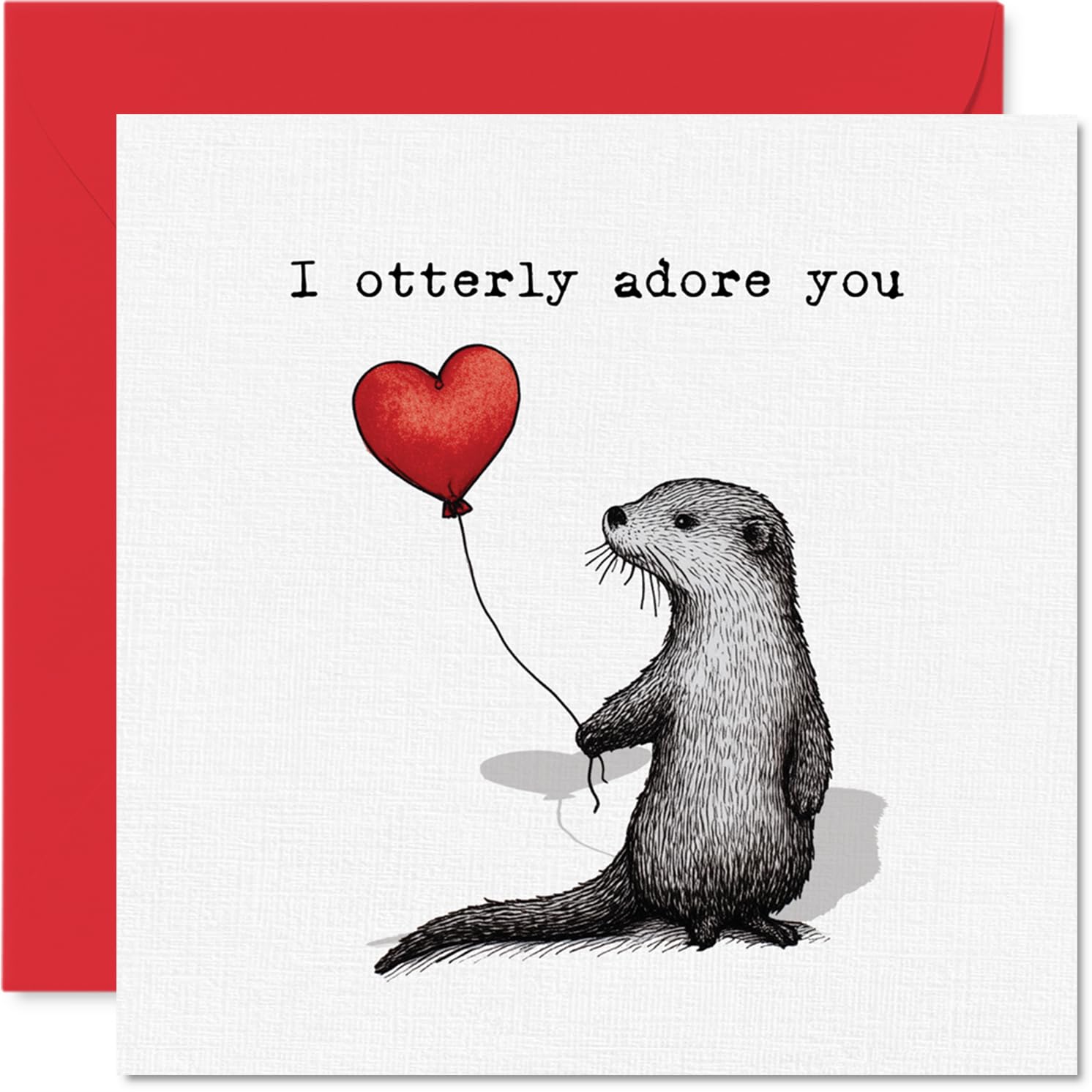 Cute Anniversary Card - I Otterly Adore You - Playful Otter Holding a Heart Balloon Illustration, Valentine's Day - 145mm Square, Envelope Included