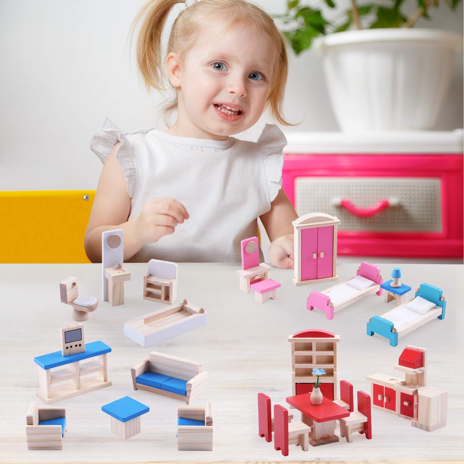 Toydaze Wooden Doll Furniture 5 Room Kit for 1:12 Scale Dollhouse or Pet Shop, Playhouse Miniature Wood Toy Furniture and Accessories, Includes Kitchen, Dining Room, Living Room, Bedroom, Bathroom : Toys & Games
