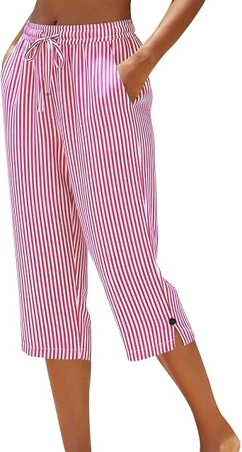 Cotton Capri Pants for Women Striped Straight Leg Cropped Pant Drawstring Elastic Waist Casual Summer Linen Clothes
