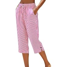Cotton Capri Pants for Women Striped Straight Leg Cropped Pant Drawstring Elastic Waist Casual Summer Linen Clothes