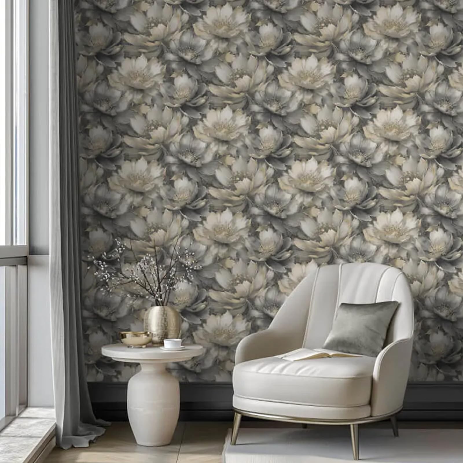 SOPHIE LAURENCE Charcoal Gold Floral Wallpaper 3D Effect Metallic Shimmer Feature Wall Lounge