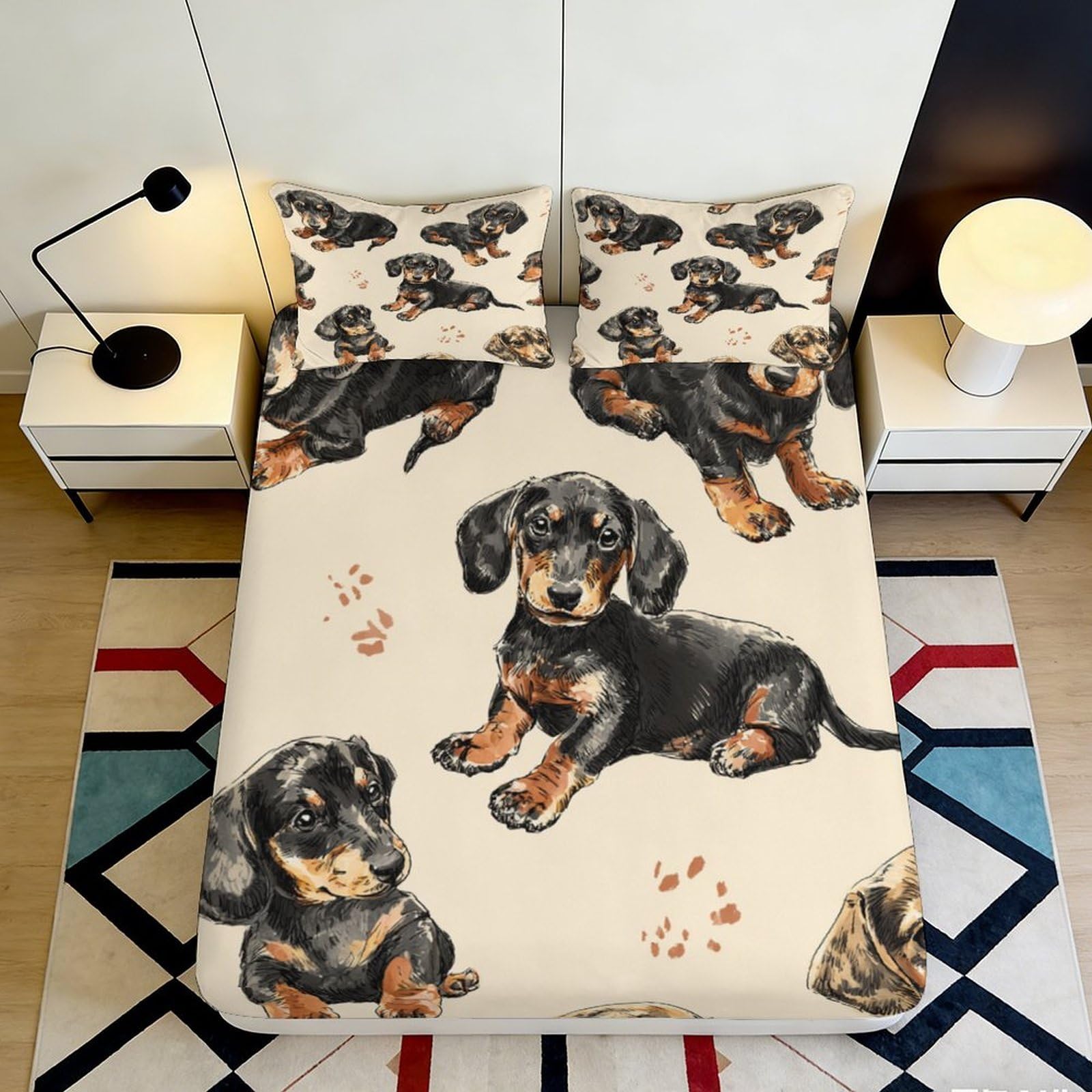 3D Printed Dachshund Dog Fitted Sheet Microfiber Soft Breathable Paw Pattern Mattress Cover for Bedroom Dorm Decor 120x200x25cm