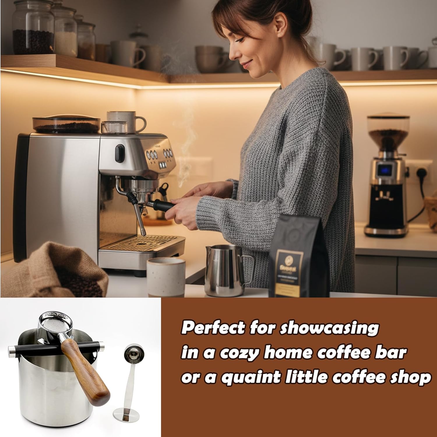 Espresso Knock Box Set, 67oz Stainless Steel Coffee Knock Box with Removable Knock Bar, Anti-Slip Rubber Base, Espresso Accessories Kit with Cleaning Brush & 2-in-1 Coffee Scoop