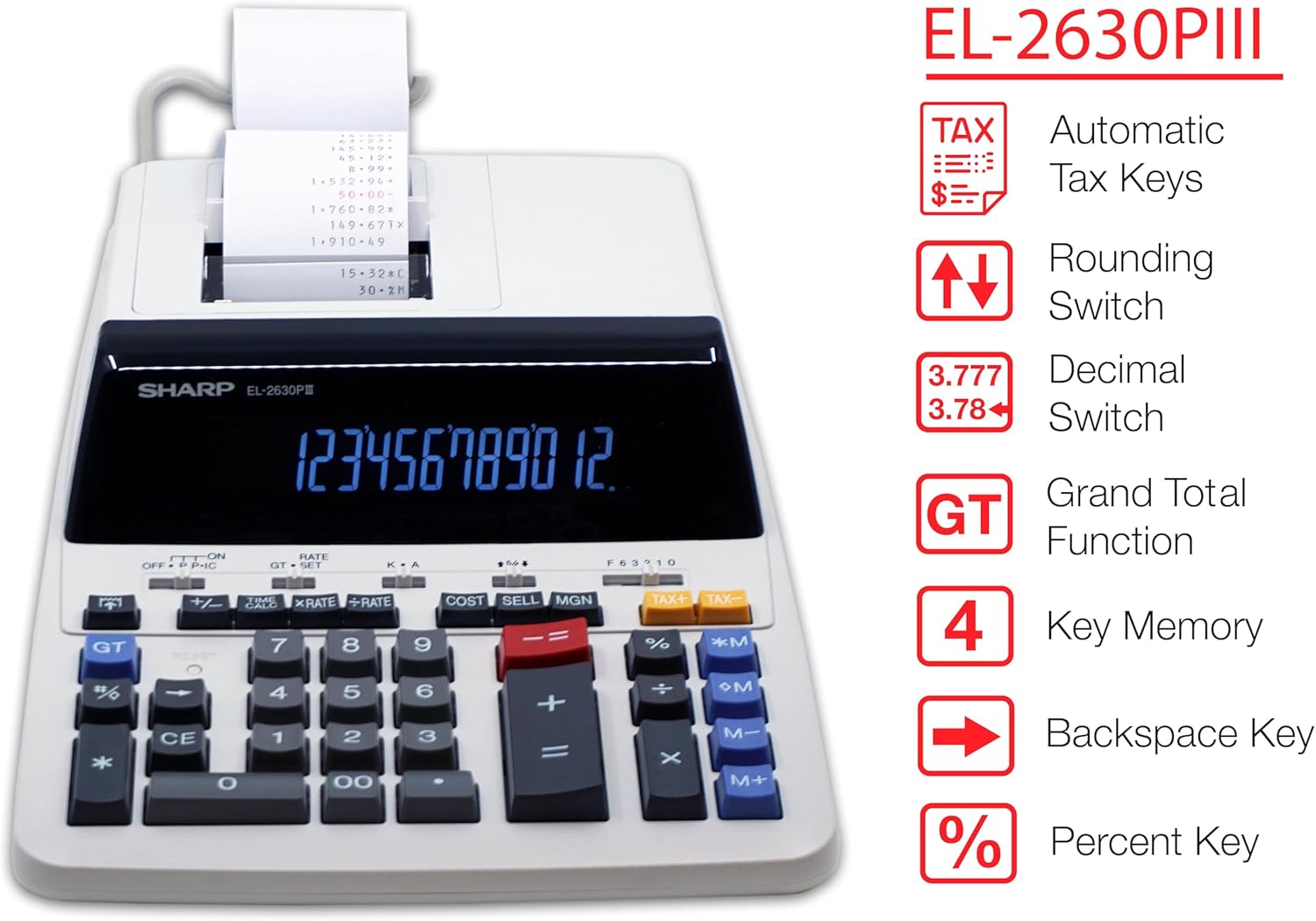 Sharp EL-2630PIII with key features highlighted