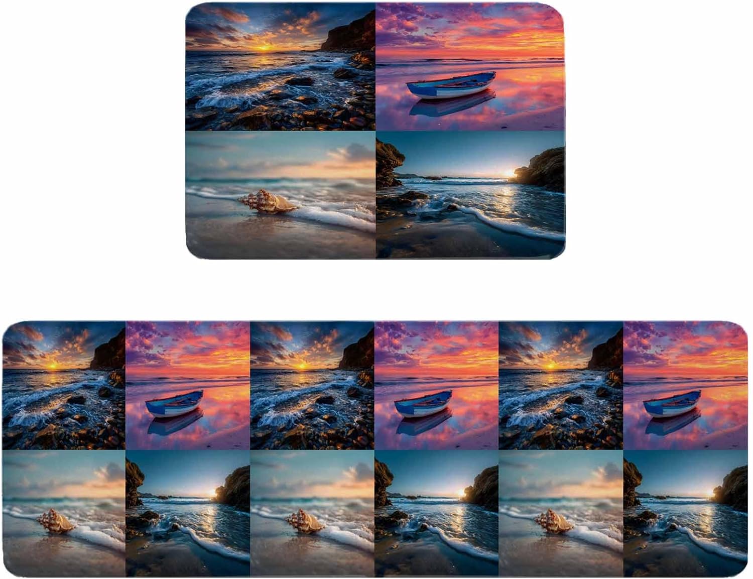 Beach Conch Kitchen Rugs and Mats Set of 2, Non-Slip Kitchen Sink Mat, Ocean Boat Pink Sunset Reef Coastal Seascape Washable Doormat Bathroom Rugs Runner for Bedroom/Living Room 17.7"x30"+17.7"x47.2"