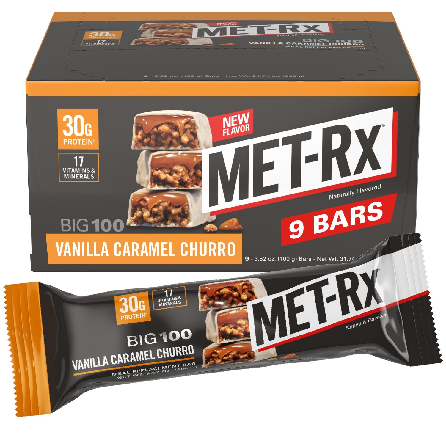 Met-RxBig 100 Colossal Vanilla Caramel Churro Bar, 9 Bars