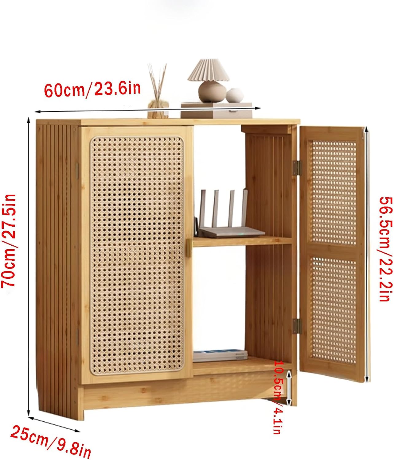 WiFi Router Storage Cabinet with Adjustable Shelves, 2-Tier Bamboo Rattan Standing Modem Organizer Box for Bedroom Or Living Room, No Back Panel(Natural Wood,70cm/27.5in B)