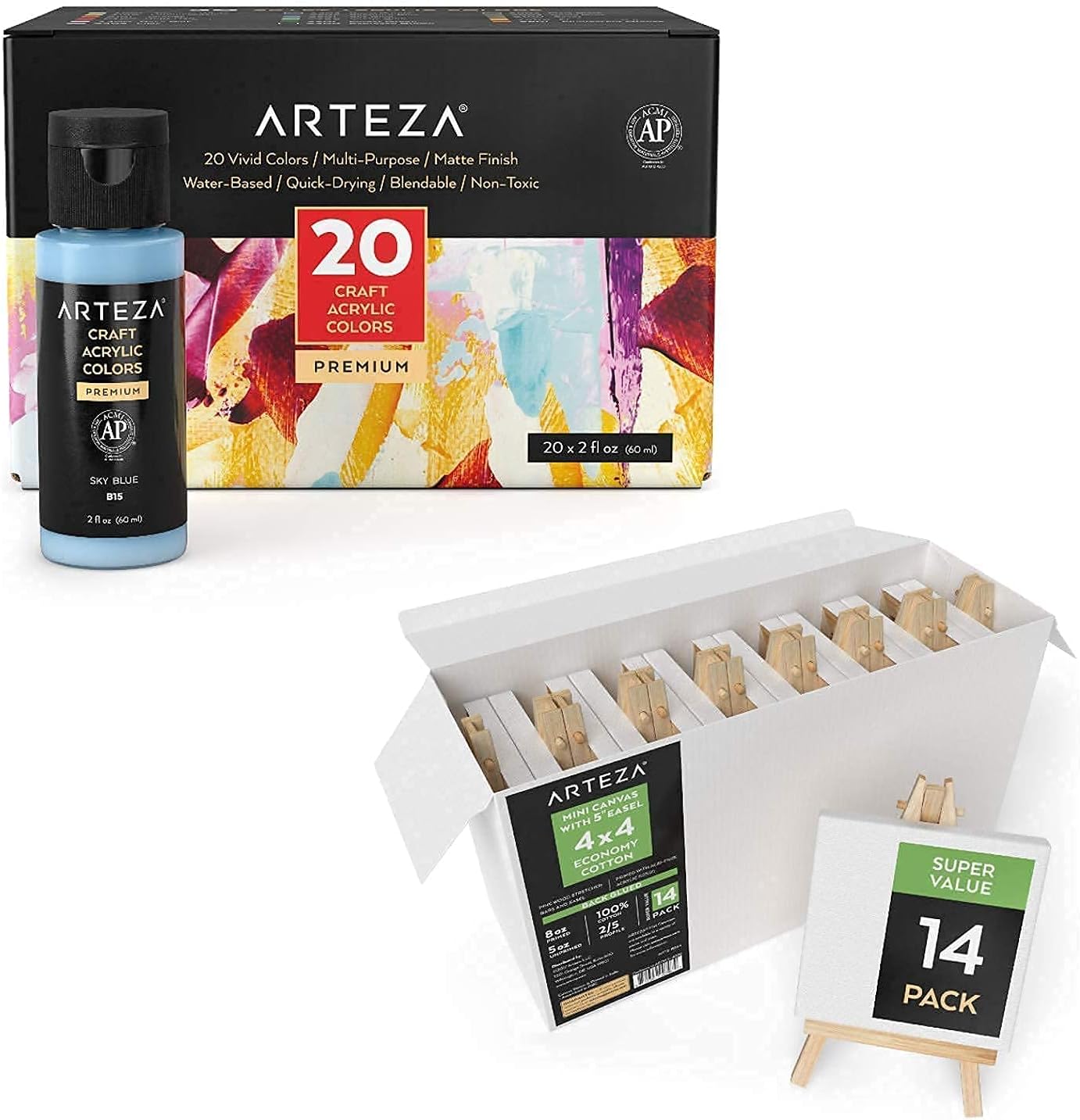 Arteza Mini Canvas and Craft Paint Bundle, Painting Art Supplies for Artist, Hobby Painters & Beginners