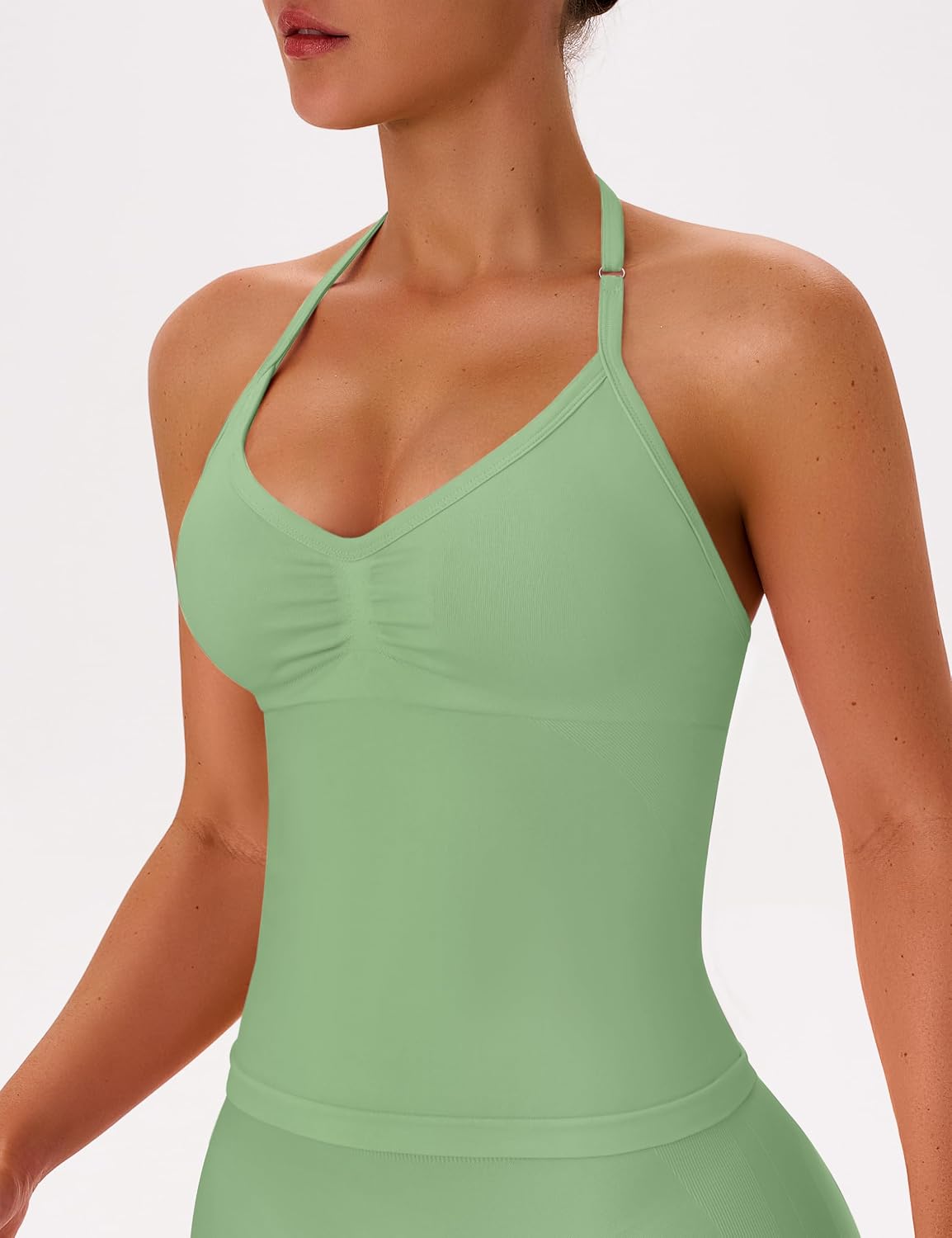 OLCHEE Womens Halter Tank Tops V Neck Impact Backless Longline Strappy Adjustable Gym Workout Top Padded 2PK - Desert Sage Yellow X-Large