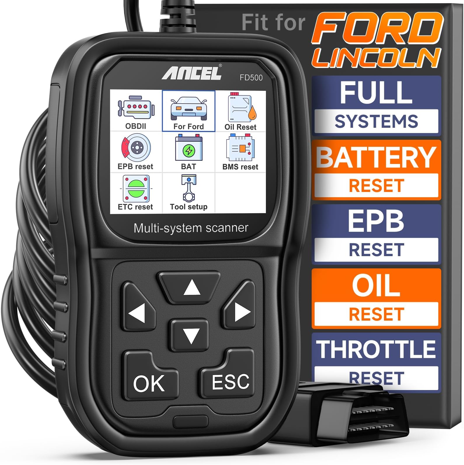 ANCEL FD500 OBD2 Scanner fits for Ford Lincoln Mercury - All Systems Code Reader with Engine, ABS, SRS, Transmission, 4WD Diagnostics - Scan Tool with EPB, Throttle, Oil Reset, Battery Registration
