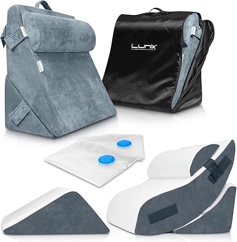 Lunix LX5 Juego de 4 almohadas de cuña gris + LX6 juego de almohadas de cuña de cama azul marino 2 unidades