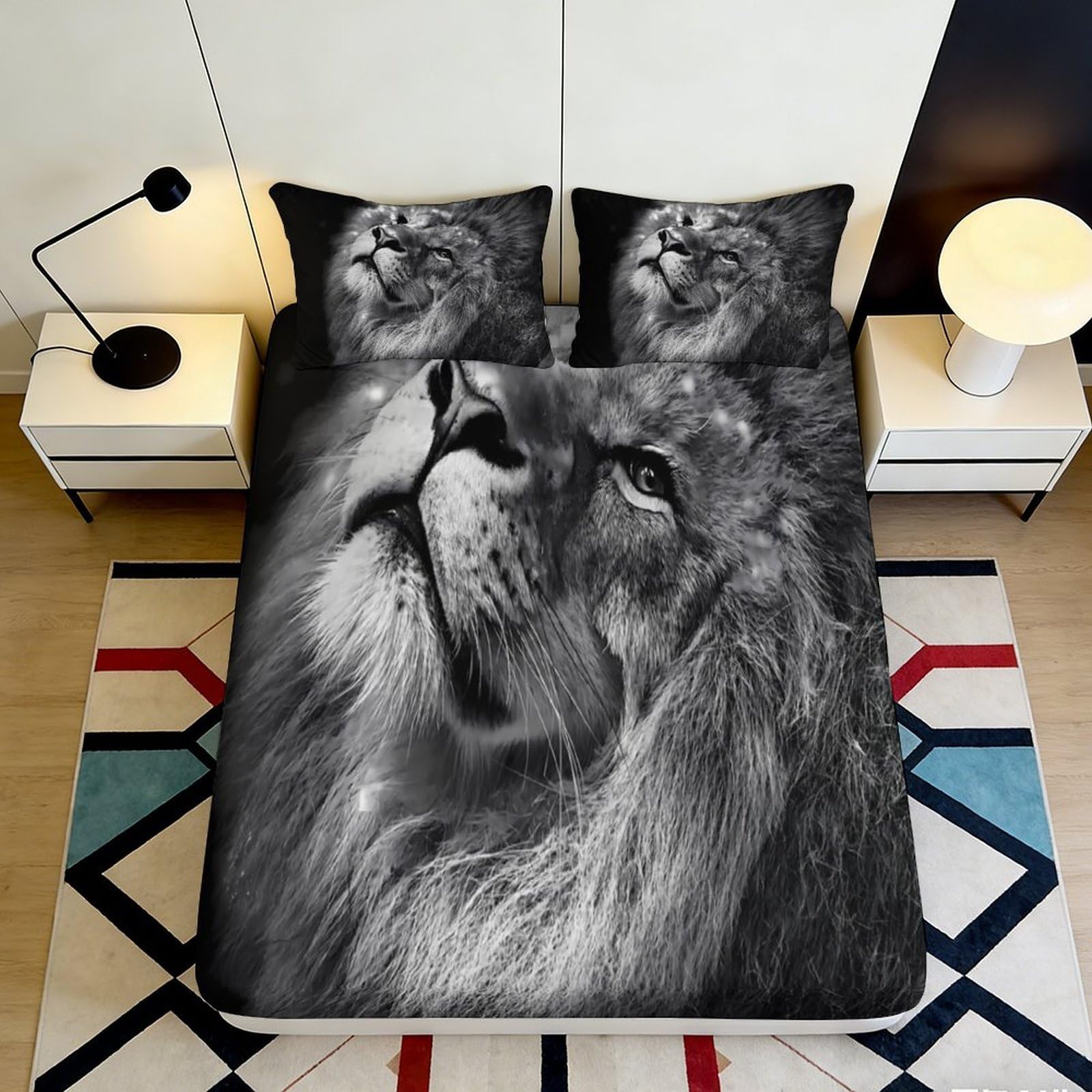 3D Printed Lion Face Fitted Sheet Microfiber Soft Durable Black White Lion Mattress Cover for Bedroom Dormitory Guest Room Protection Decoration 160x200x25cm