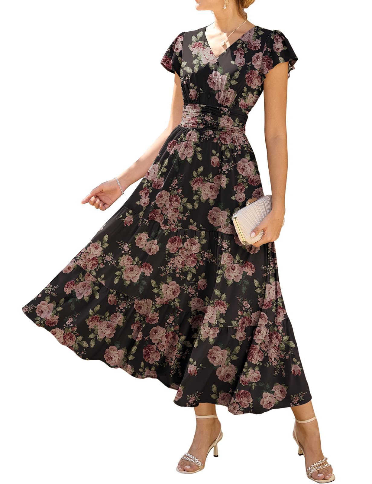 GRACE KARIN Damen Rüschenärmel V-Ausschnitt Midikleid A-Linie Blume Sommerkleid Mit Taschen