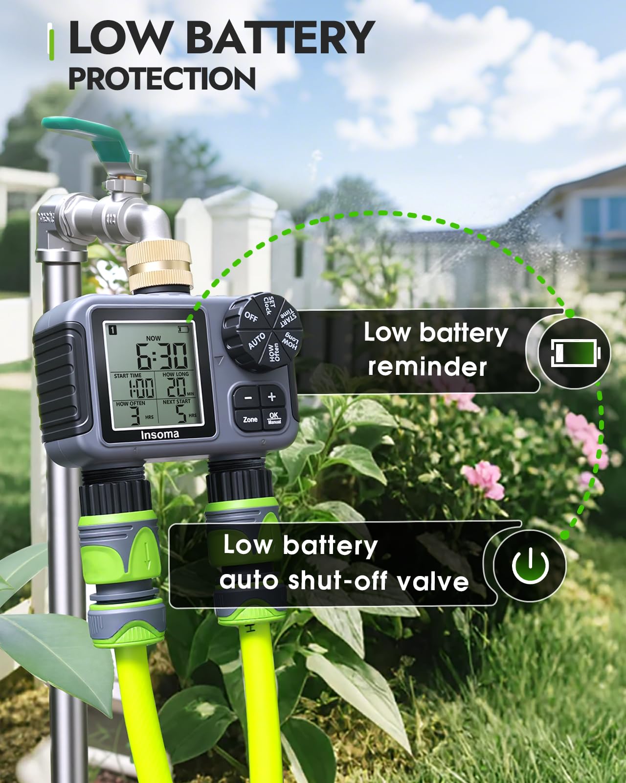 Insoma Timer irrigatore a 2 zone con ingresso in ottone, timer per tubo dell'acqua con modalità auto/manuale + ritardo pioggia, grande display LCD, per giardino, cortile, prato, impermeabile IPX5 e