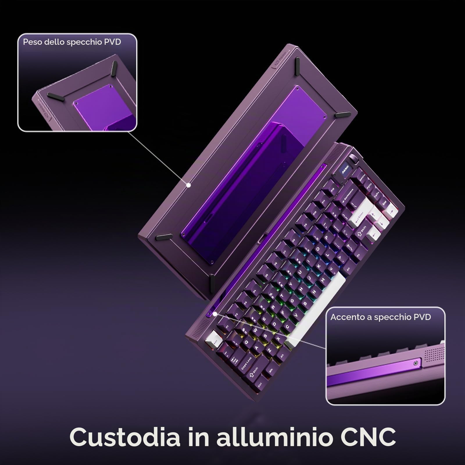 Akko MOD007 V5 HE Tastiera da gioco cablata a scatto rapido Tastiera cablata in alluminio a sgancio rapido con schermo personalizzato Piastra in alluminio viola, interruttore AstroAim