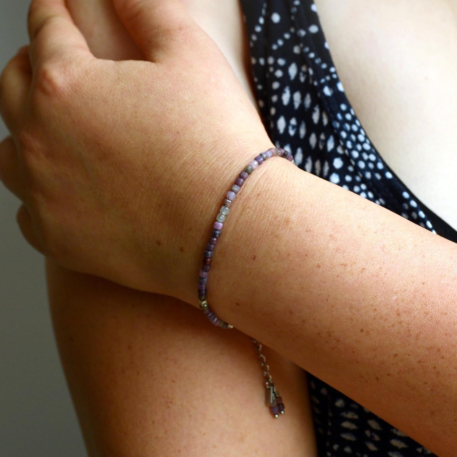 Natural Beaded Bracelet, Dainty Crystal Gemstone Jewelry with Silver Chain, Adjustable - Image 2