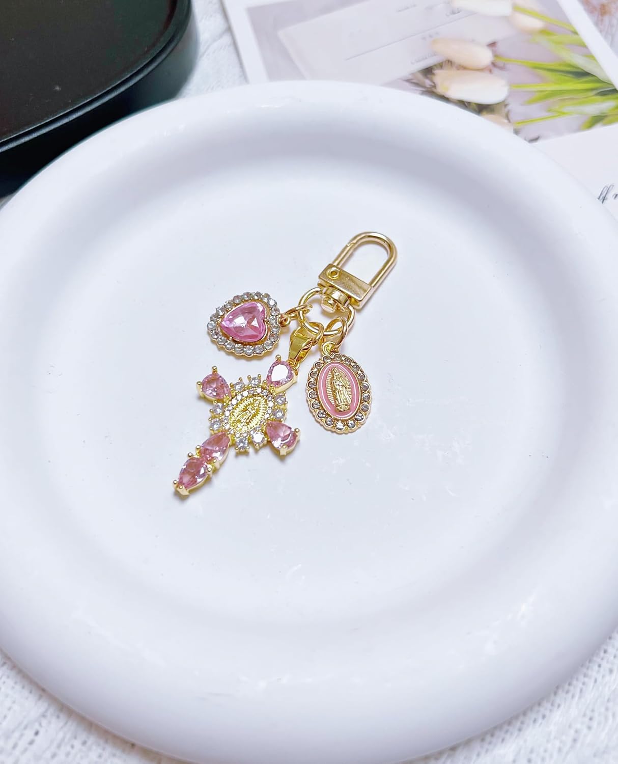 Cute Virgin-Mary Cross Keychain, Women Bag Charms Key Chain for Purse Handbags, Heart Keychains Accessories - Image 2