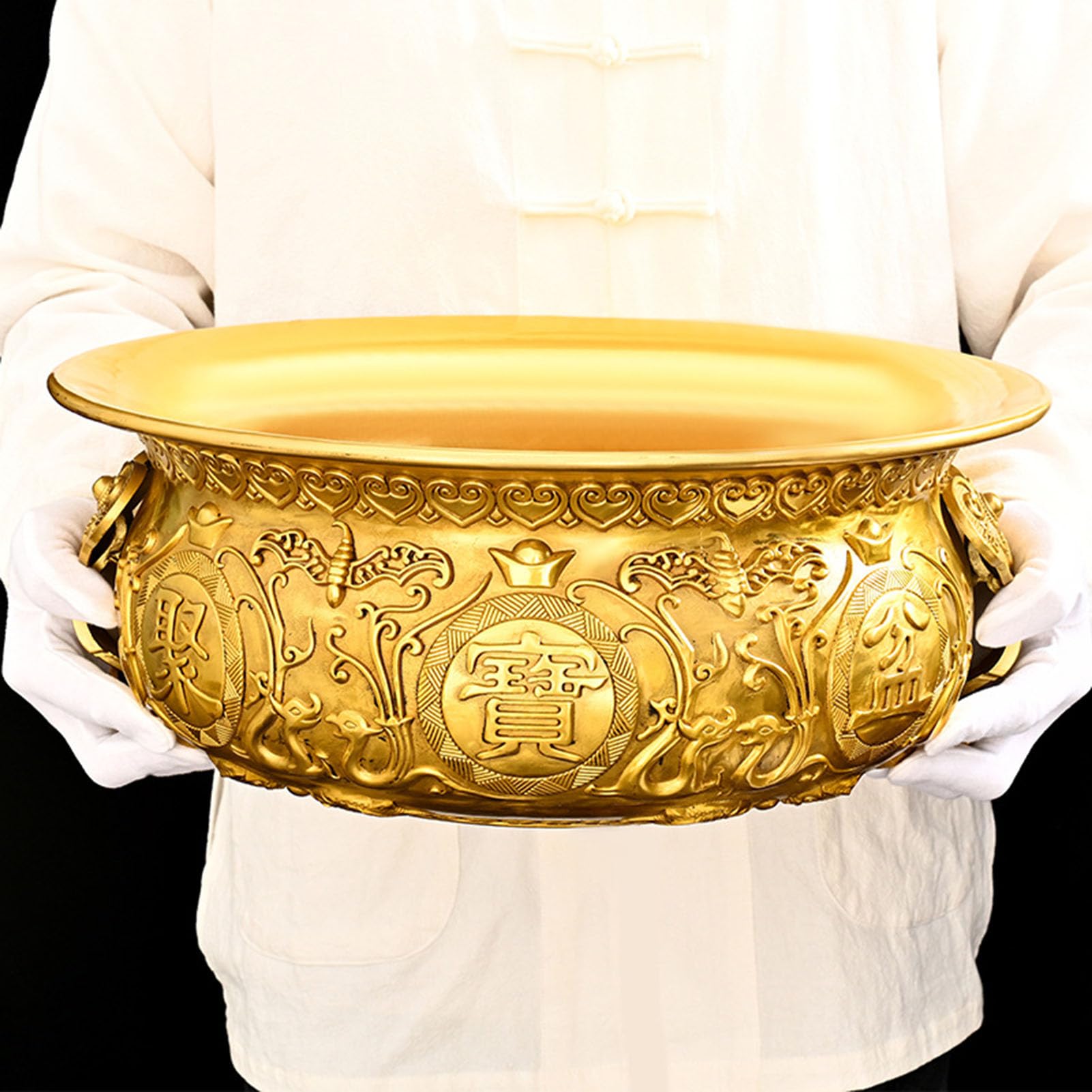 Ozdobna miska Feng Shui ze złotego mosiądzu - ręcznie wykonana umywalka ze skarbami dla bogactwa i dobrobytu, dekoracyjna metalowa ozdoba na biurko w domu Dekoracja ołtarza,20CM