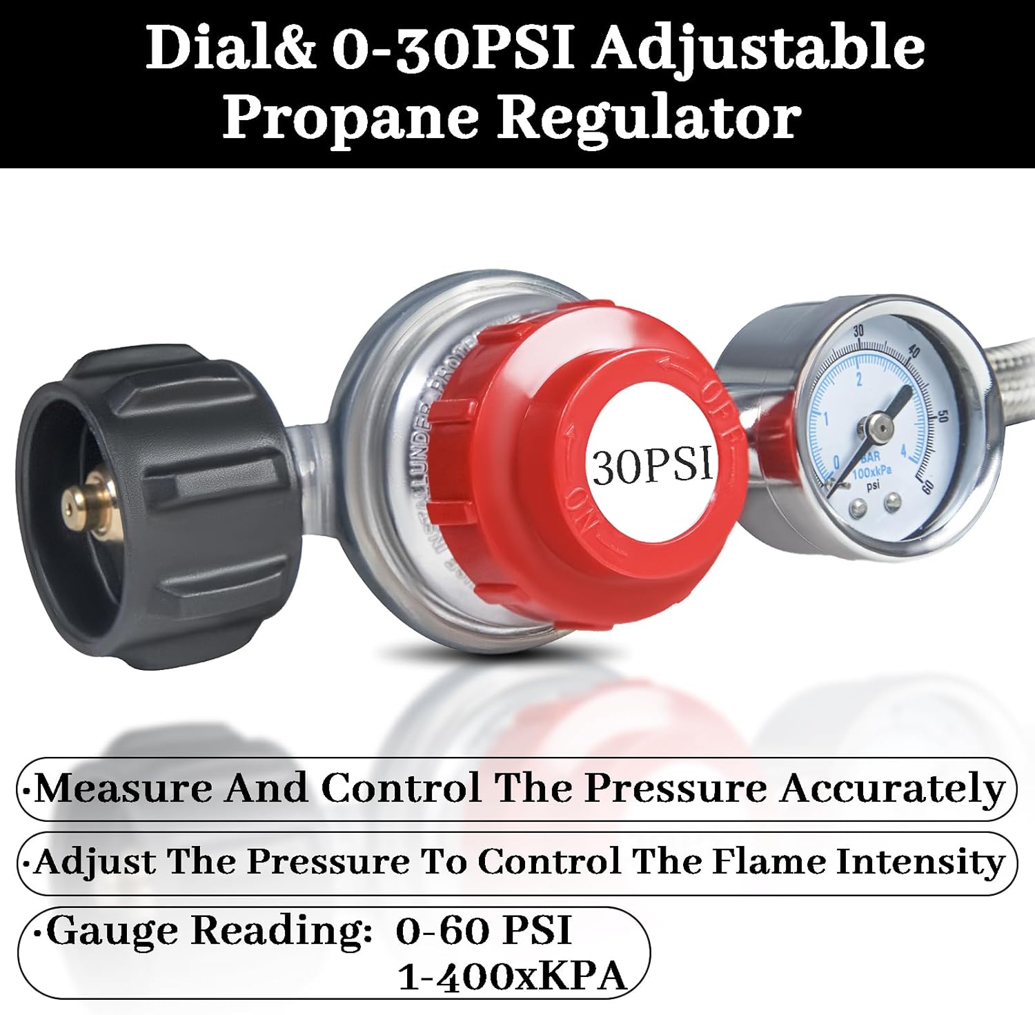 12FT 0-30PSI High Pressure Adjustable Propane Regulator with 0-60PSI Gauge Gas Flow Indicator, Stainless Steel Braided Hose and Gas Grill Regulator, QCC1x3/8 Female Flare Fitting for Gas Tank Cooker
