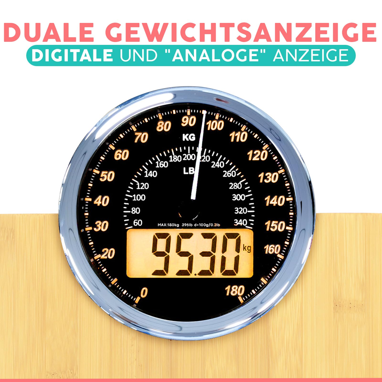 Hybrid Personenwaage - Analog & Digital, Präzise bis 180 kg | Gewicht auf Analogzifferblatt und LCD ablesen. Breite Glasplattform, 3 AAA Batterien inklusive, sofort einsatzbereit.