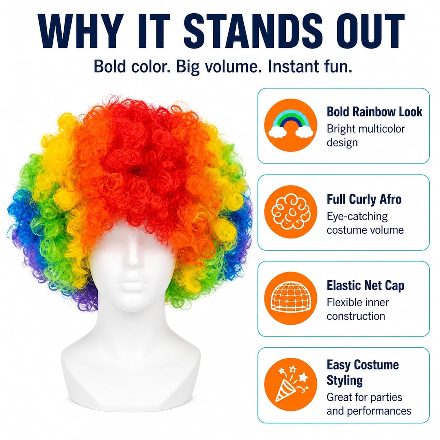 RAINFLOW Colored Clown Wig - Curly Afro Wig for Halloween, Parties, Cosplay, Carnival & Funny Costume, Universal Size, Lightweight, Comfortable, Eye-Catching Rainbow Design for Adults, Men & Women