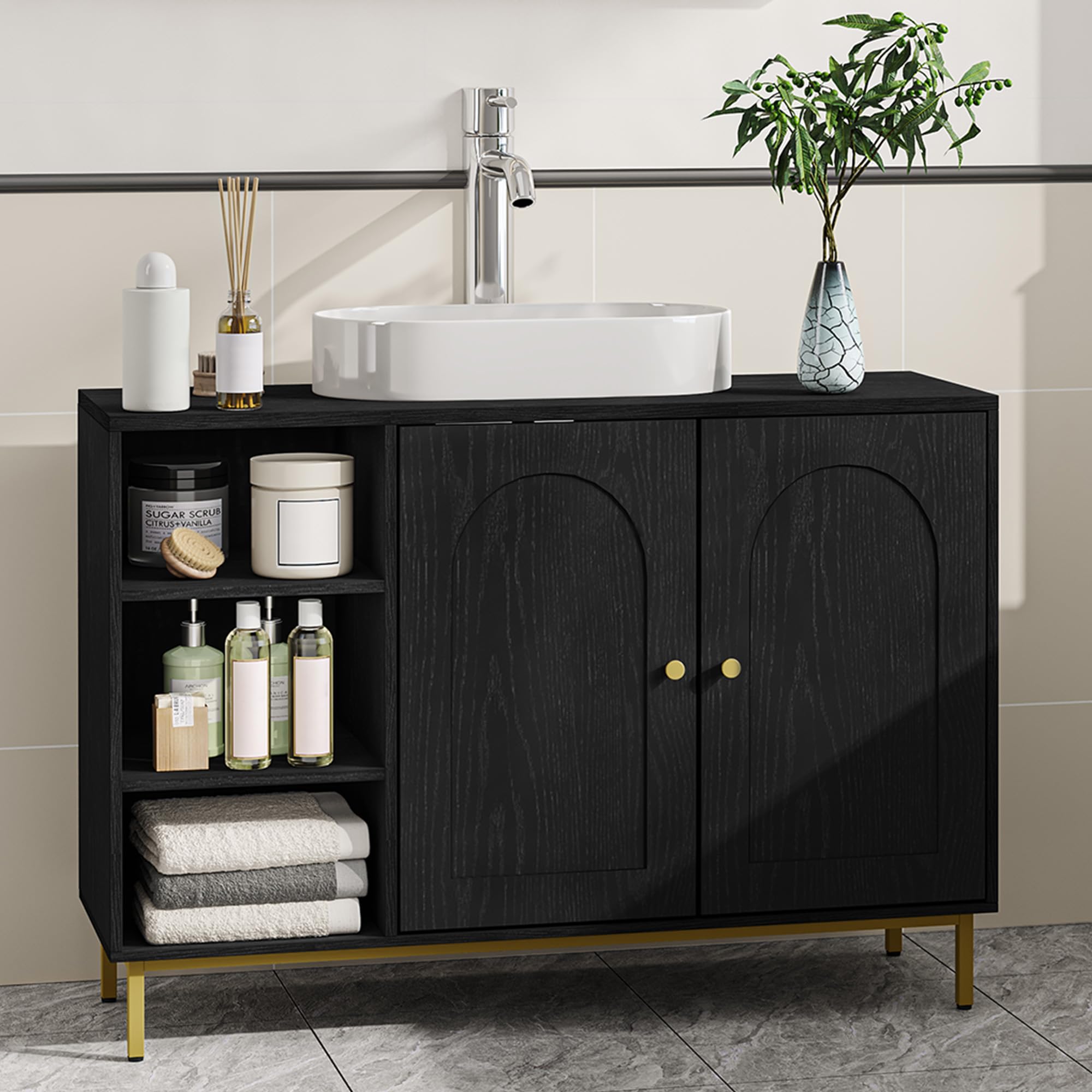 Hzuaneri Mueble Bajo Lavabo, Armario de Baño, con 2 Puertas, 2 Compartimentos, Balda Ajustable en Altura, Resistente a la Humedad, 30 x 90 x 63 cm, Negro BC09804G