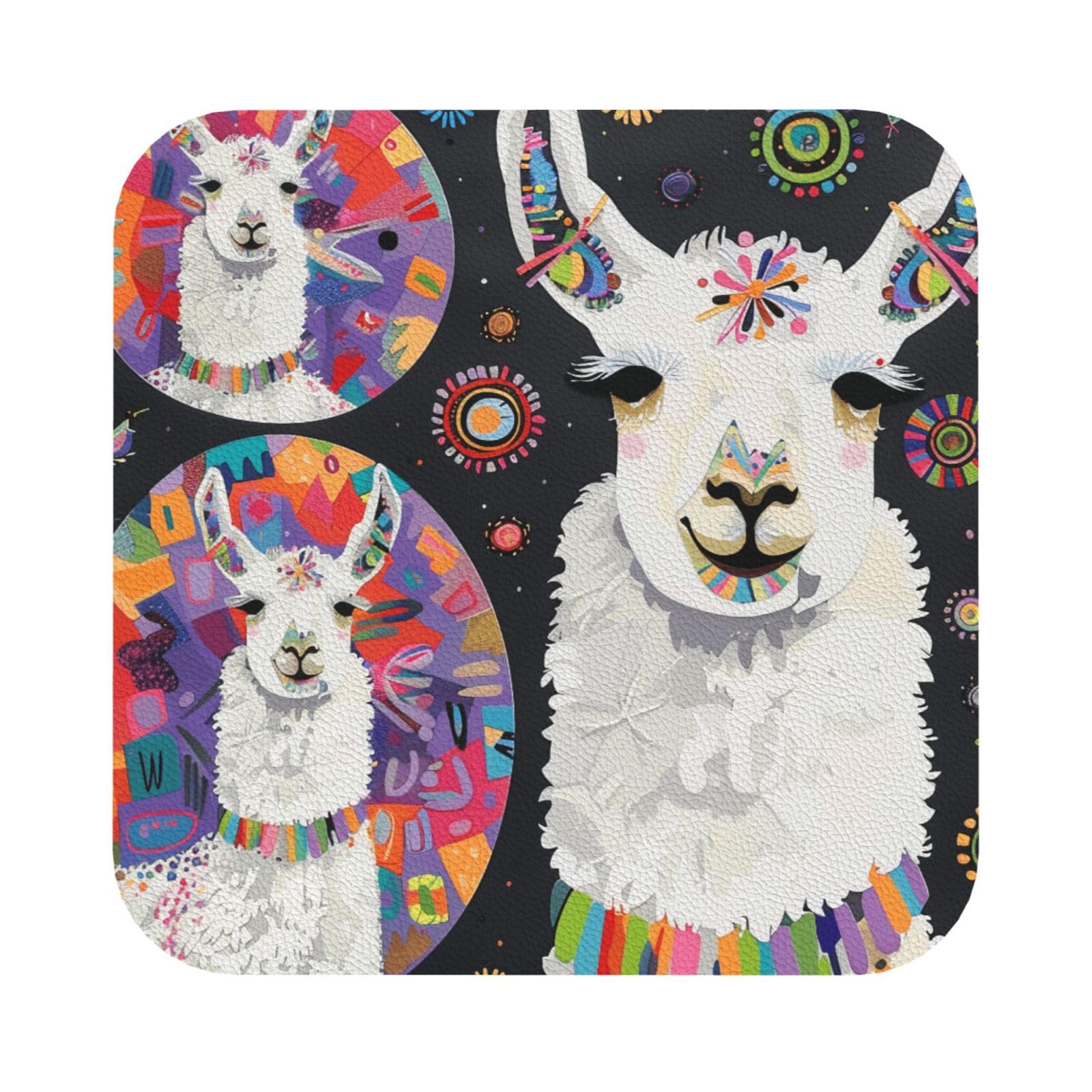 Llama Alpaca Print Leather Coaster Set of 6, Square Coasters Table Decorative Coffee Cup Beverage Coasters Wine Beer Bar Coasters for Hot Drinks Table Protection
