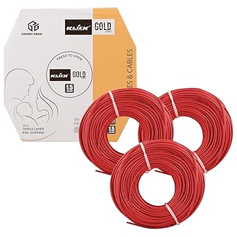 KLICK Copper Wire with Triple Layer PVC Coating & Unilay Bunching, Single Core Unsheathed Flexible Electric Cable for Domestic & Industrial Connections Gold Series (1.5 mm, 90m Long, Red, 3 Pcs)