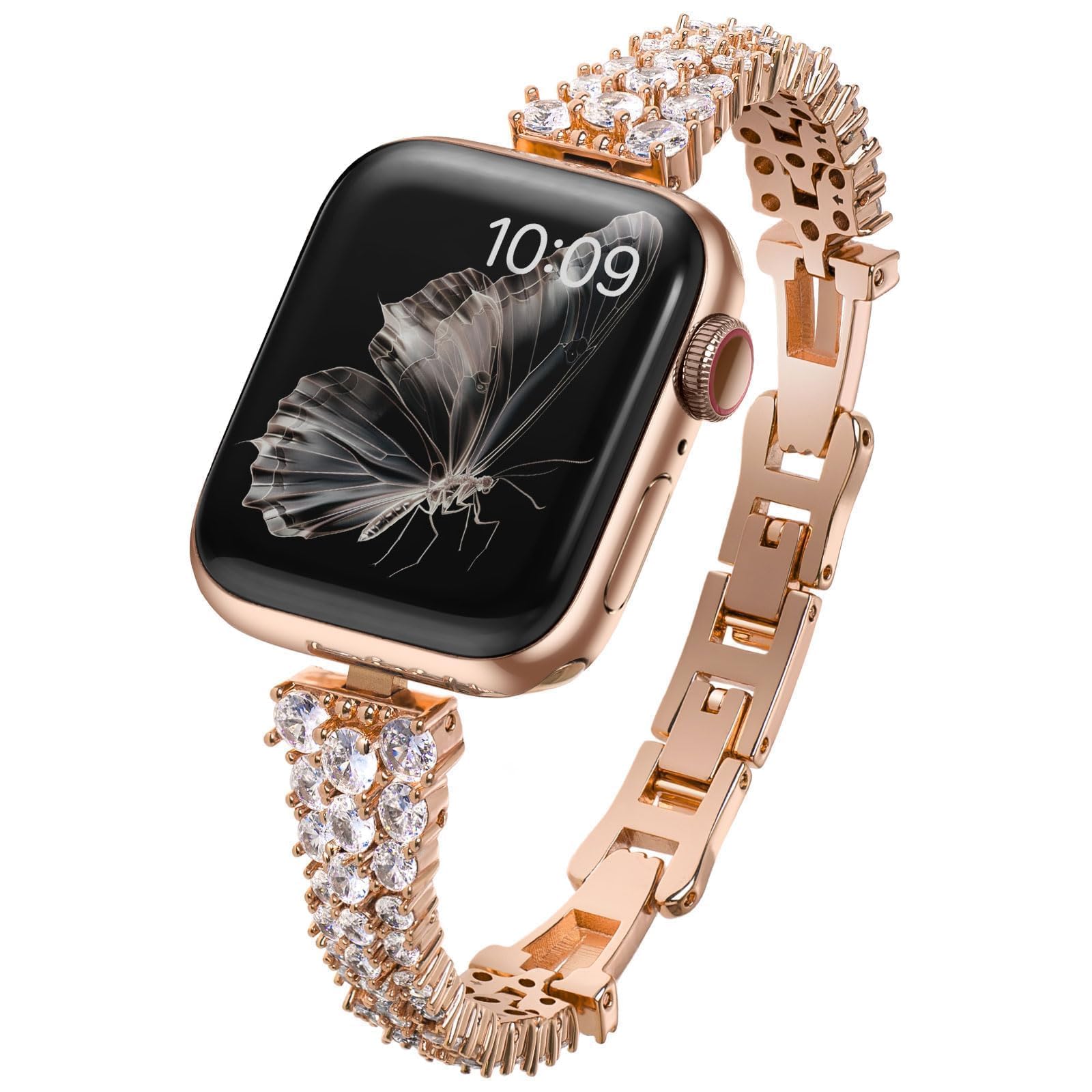 LUXIMAL Zircon Gems Bling Strap Compatible for Apple Watch Bands Women, Premium Bronze Metal Watch Bands Compatible with iWatch Series 9 8 7 6 5 4 3 2