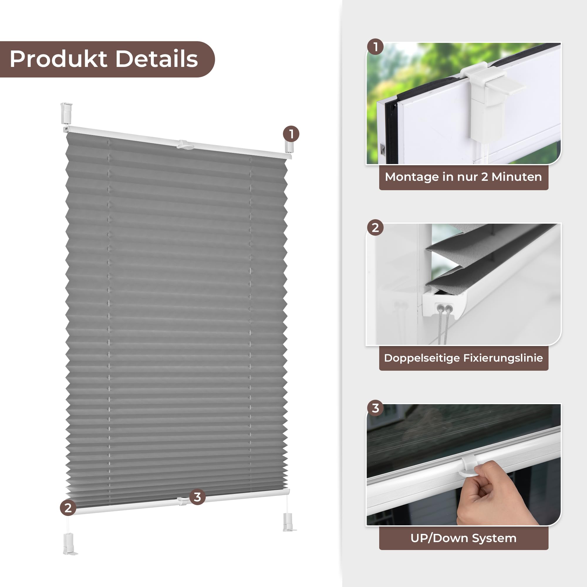 Sekey Plissee Ohne Bohren – Verdunkelungs-Jalousie 80x150 Cm, Grau, Blickdicht & UV-Schutz