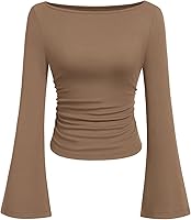 PRETTYGARDEN Women's Long Sleeve Crop Top Boat Neck Bell Sleeve Ribbed Ruched Y2K Tops Slim Fit Going Out Blouse